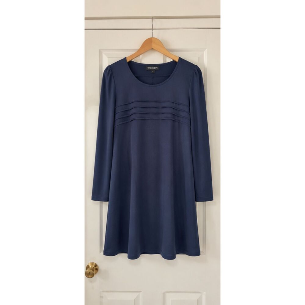 Wenrine Blue Long Sleeve Pleated Front Mini Dress w Pockets